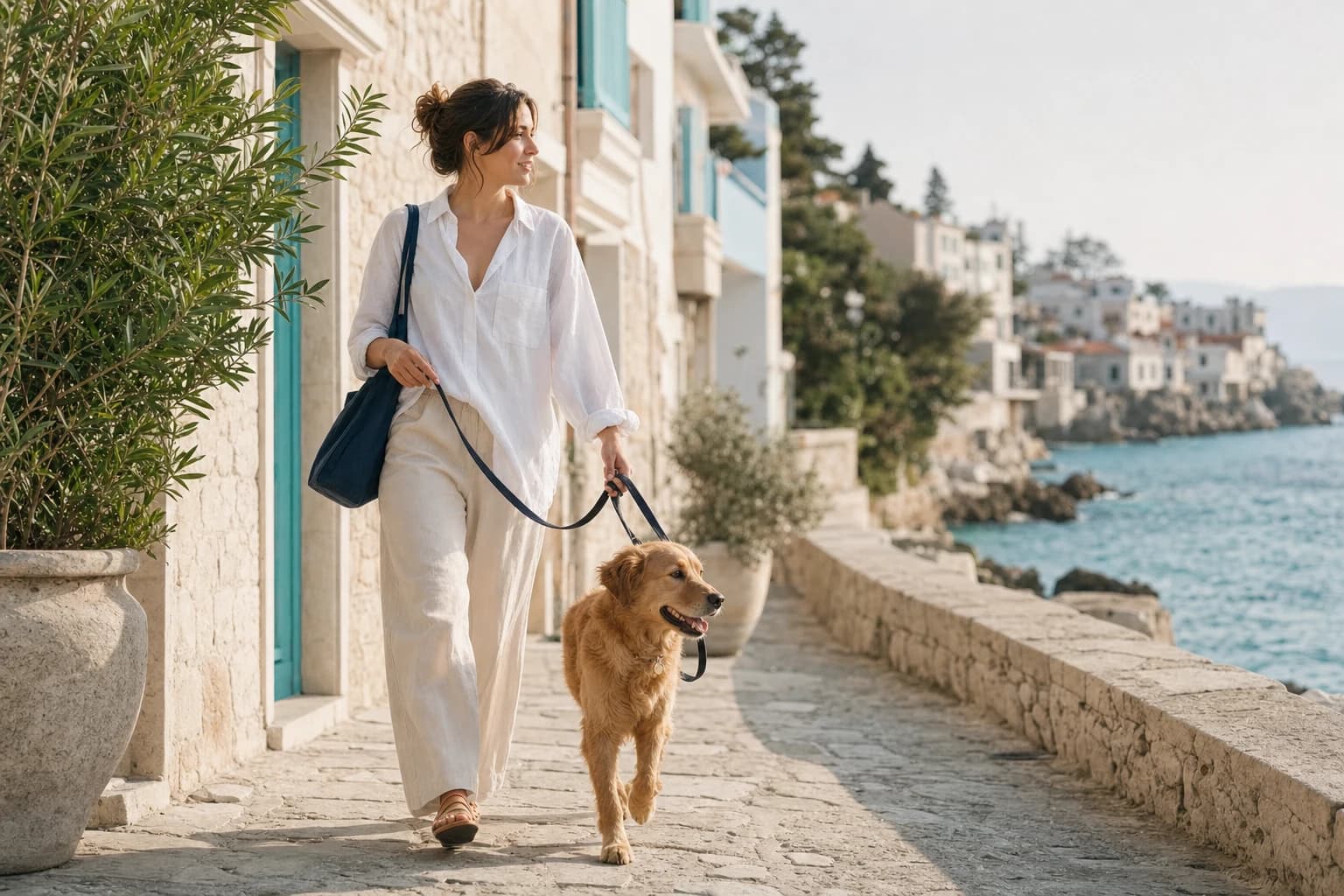A pet owner walking a golden retriever along a Mediterranean waterfront