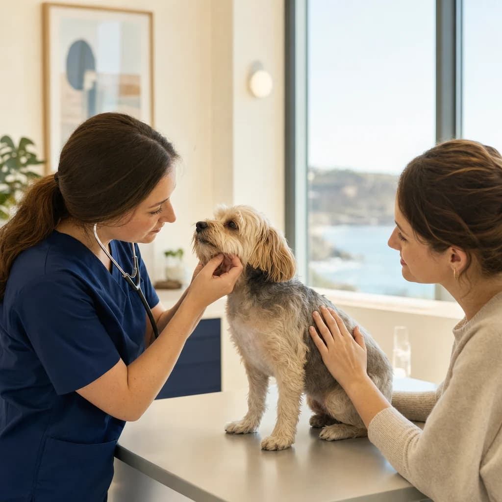 A veterinarian examining a small dog with its owner in a bright clinic